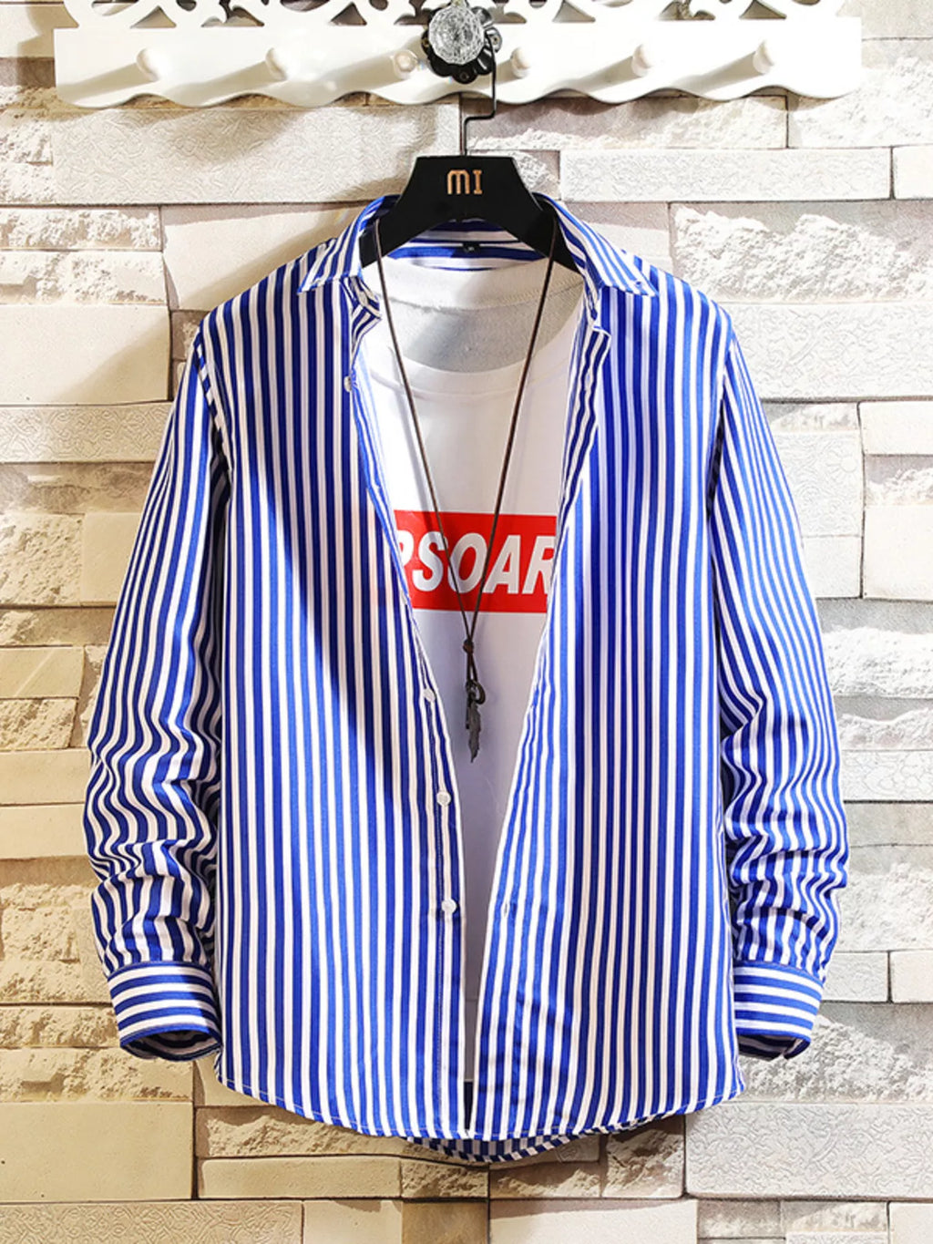Men's plus size striped casual button-up shirt from Trendsi, featuring a classic design and comfortable fit.
