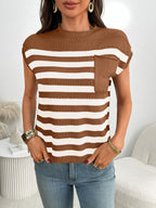 Women's striped knit cap sleeve sweater with pocket detail, trendy outerwear by Trendsi, shown in a cozy, casual style.
