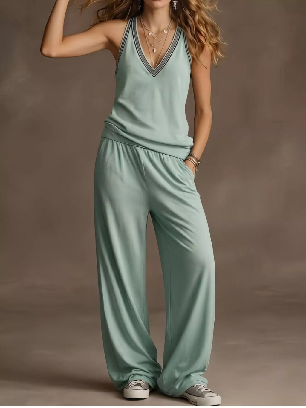 Plus size V-neck tank top and wide-leg pants set by Trendsi, shown in a full view with the matching coordinated outfit.