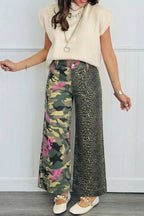 Multicolour Retro Floral Leopard Contrast Patchwork Raw Hem Jeans