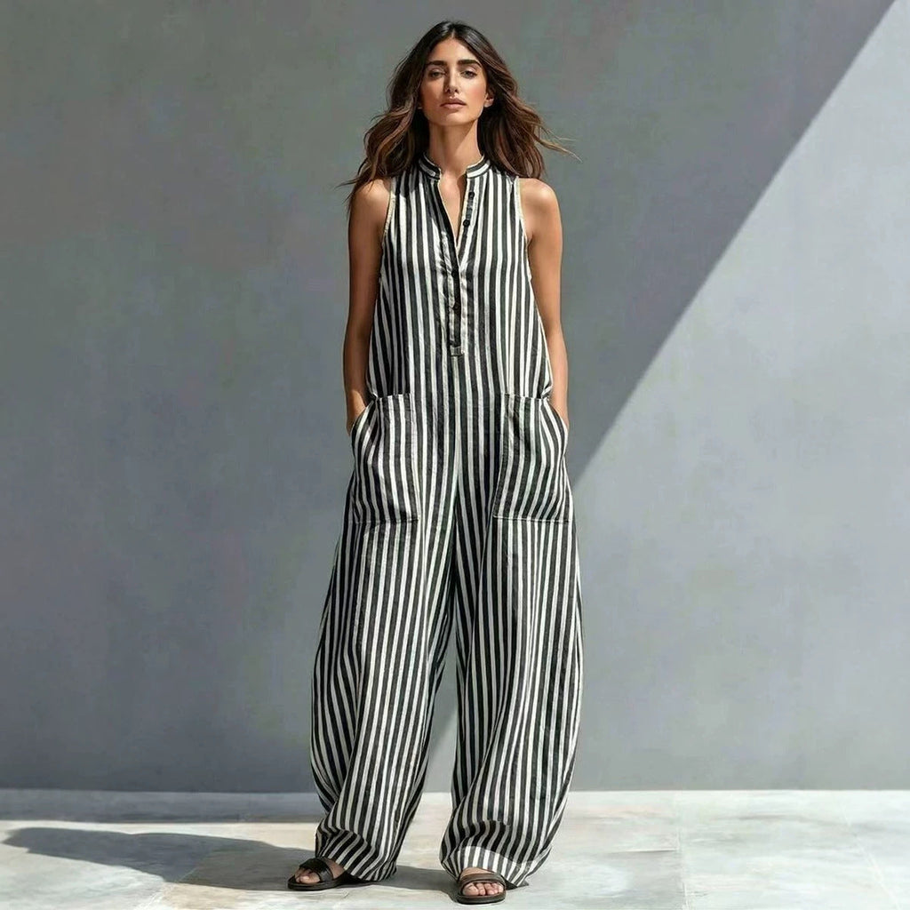 V-neck sleeveless striped cropped jumpsuit by FitiqueFit in three colors, loose fit, suitable for casual wear, available in sizes S–3XL.
