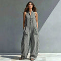 V-neck sleeveless striped cropped jumpsuit by FitiqueFit in three colors, loose fit, suitable for casual wear, available in sizes S–3XL.