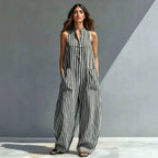 V-neck sleeveless striped cropped jumpsuit by FitiqueFit in three colors, loose fit, suitable for casual wear, available in sizes S–3XL.