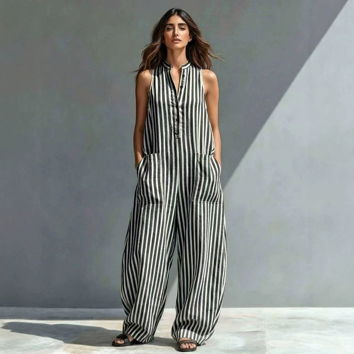 V-neck sleeveless striped cropped jumpsuit by FitiqueFit in three colors, loose fit, suitable for casual wear, available in sizes S–3XL.