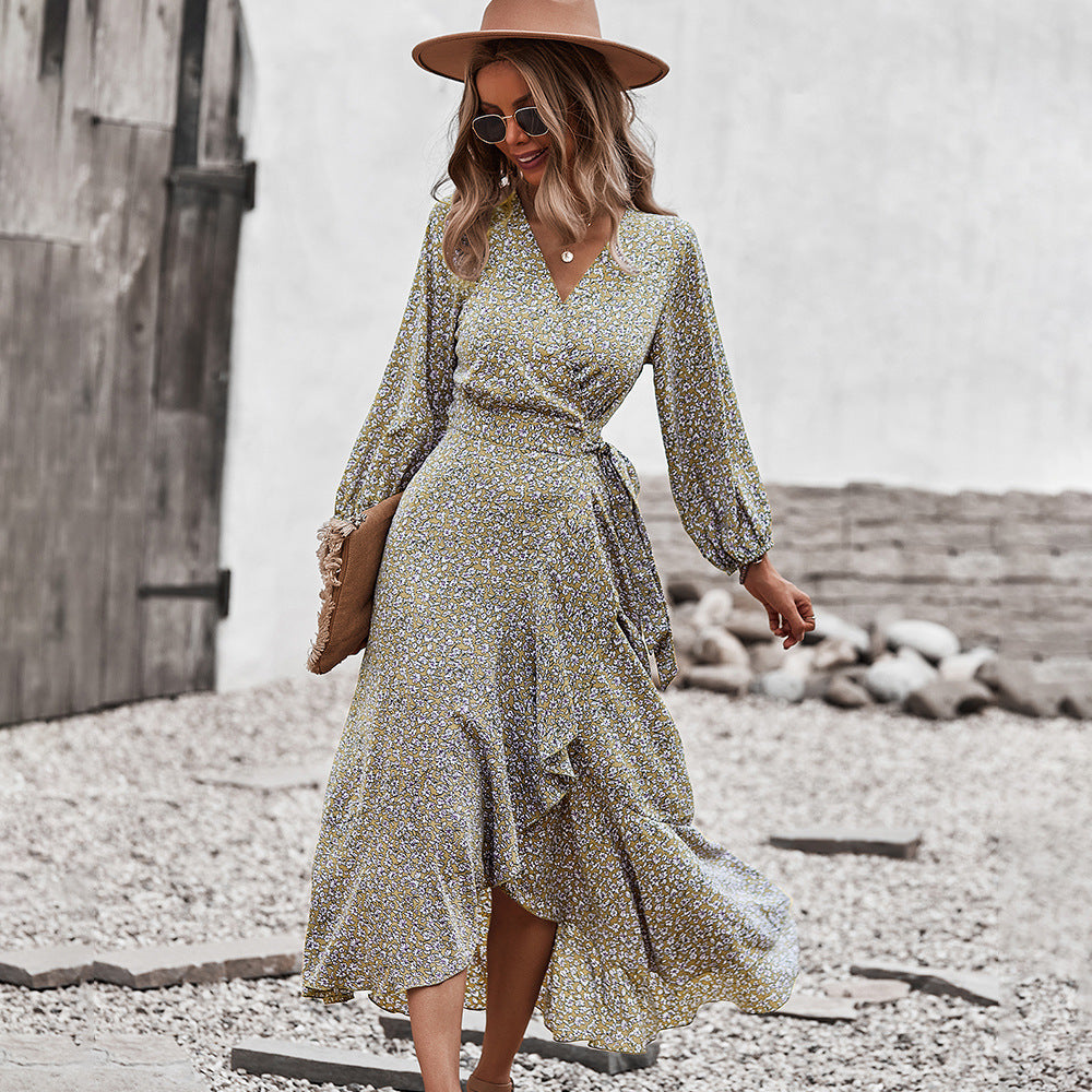 LadyShow winter floral dress with chest wrap, tie waist, and large swing skirt, perfect for autumn holiday leisure wear.