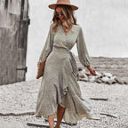 LadyShow floral autumn and winter dress with chest wrap, tie large swing skirt, perfect for leisure and holiday style.