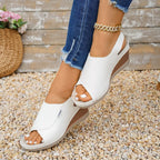 Peep toe wedge sandals by Shopimist featuring beige straps and a sturdy cork wedge heel for casual summer wear.