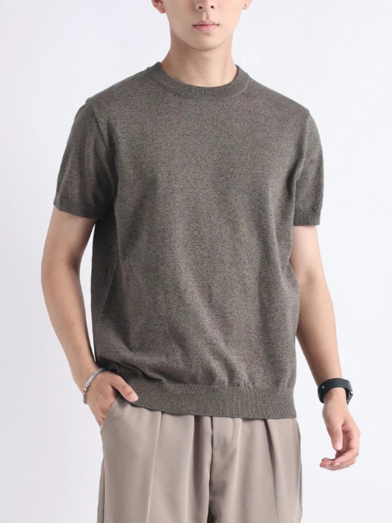 Men's plus size casual knitted short sleeve T-shirt by Trendsi, featuring a comfortable, stylish knit design in a relaxed fit.