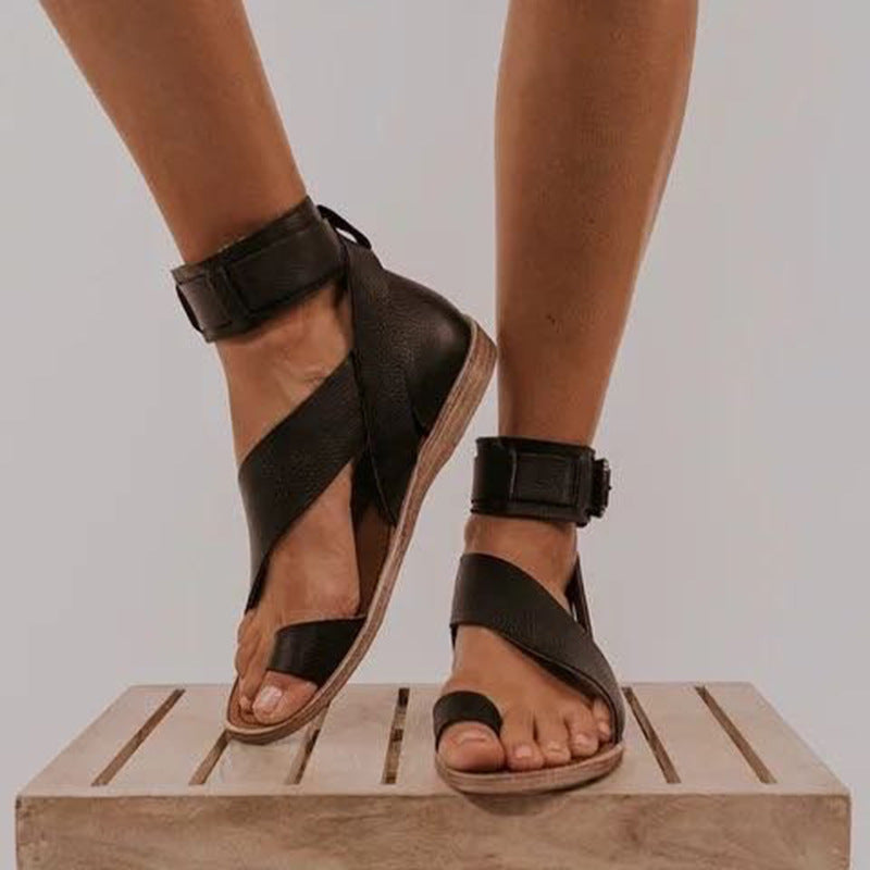 Plus size Roman style women's buckle toe slippers flat sandals by Plush Fashion Hub with comfortable flat design and stylish look.
