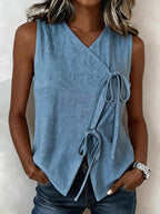 FitiqueFit Bow-Tied V-Neck Sleeveless Tank Top in 5 colors, casualwear, front view showing bow tie detail and V-neck design.