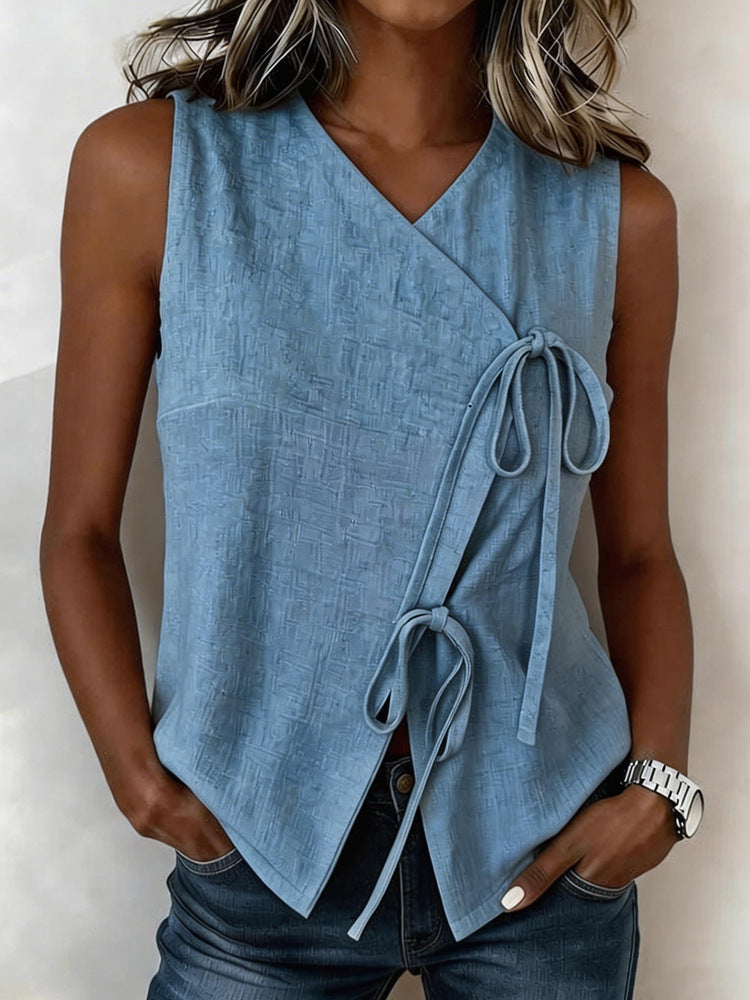 FitiqueFit Bow-Tied V-Neck Sleeveless Tank Top in 5 colors, casualwear, front view showing bow tie detail and V-neck design.