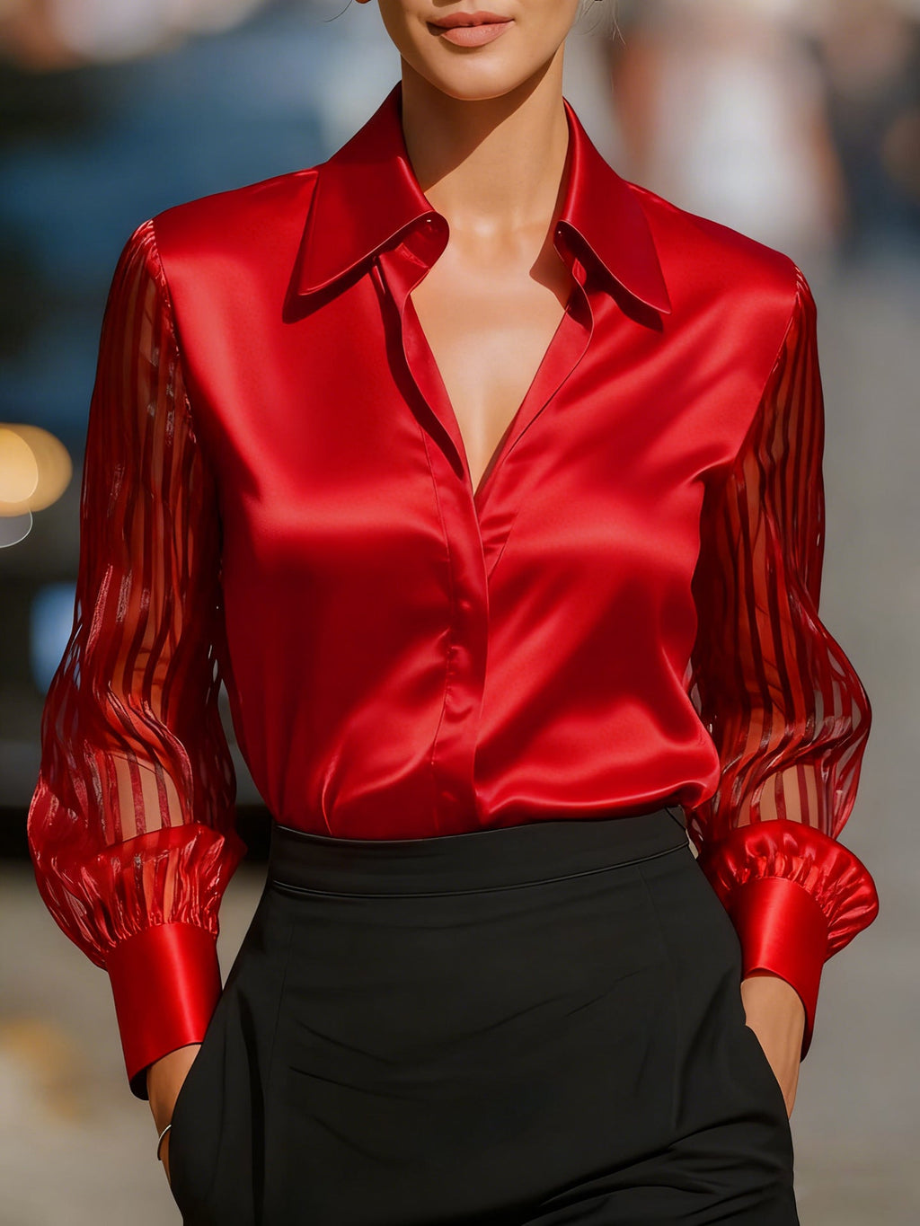 Loose satin long sleeve shirt for women in solid color, featuring a versatile and comfortable design by Plush Fashion Hub.