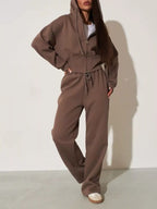 Plush Fashion Hub zip-up hoodie and wide-leg pants loungewear set, showing a comfortable matching casual outfit with a relaxed fit.
