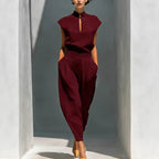 Women's satin Chinese-style short-sleeve top and pants set by FitiqueFit, featuring elegant casualwear with traditional-inspired design.