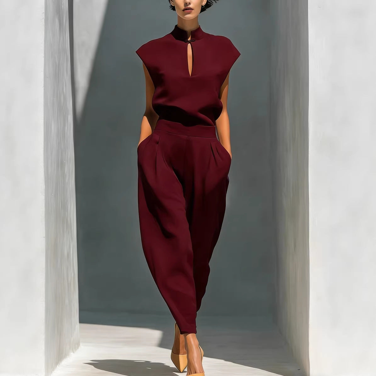 Women's satin Chinese-style short-sleeve top and pants set by FitiqueFit, featuring elegant casualwear with traditional-inspired design.