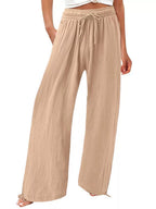 Plus size wide leg pants with drawstring waist from Shopimist, full-length, comfortable fit, casual style, in neutral fabric.