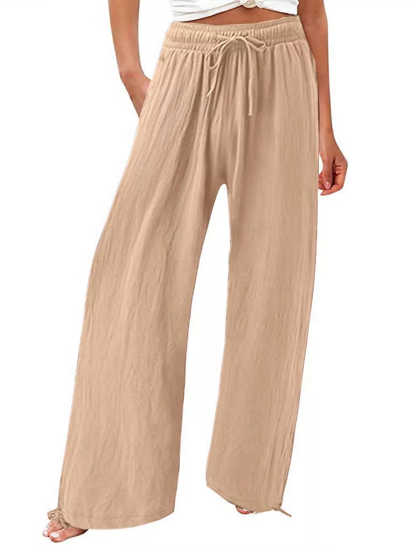Plus size wide leg pants with drawstring waist from Shopimist, full-length, comfortable fit, casual style, in neutral fabric.