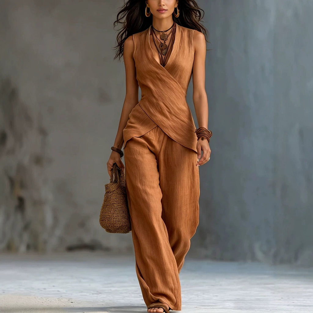 Women's V-neck crossover tank top and casual trousers two-piece set by FitiqueFit, featuring a relaxed fit and comfortable fabric.