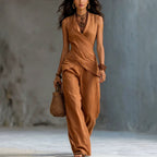 Women's V-neck crossover tank top and casual trousers two-piece set by FitiqueFit, featuring a relaxed fit and comfortable fabric.