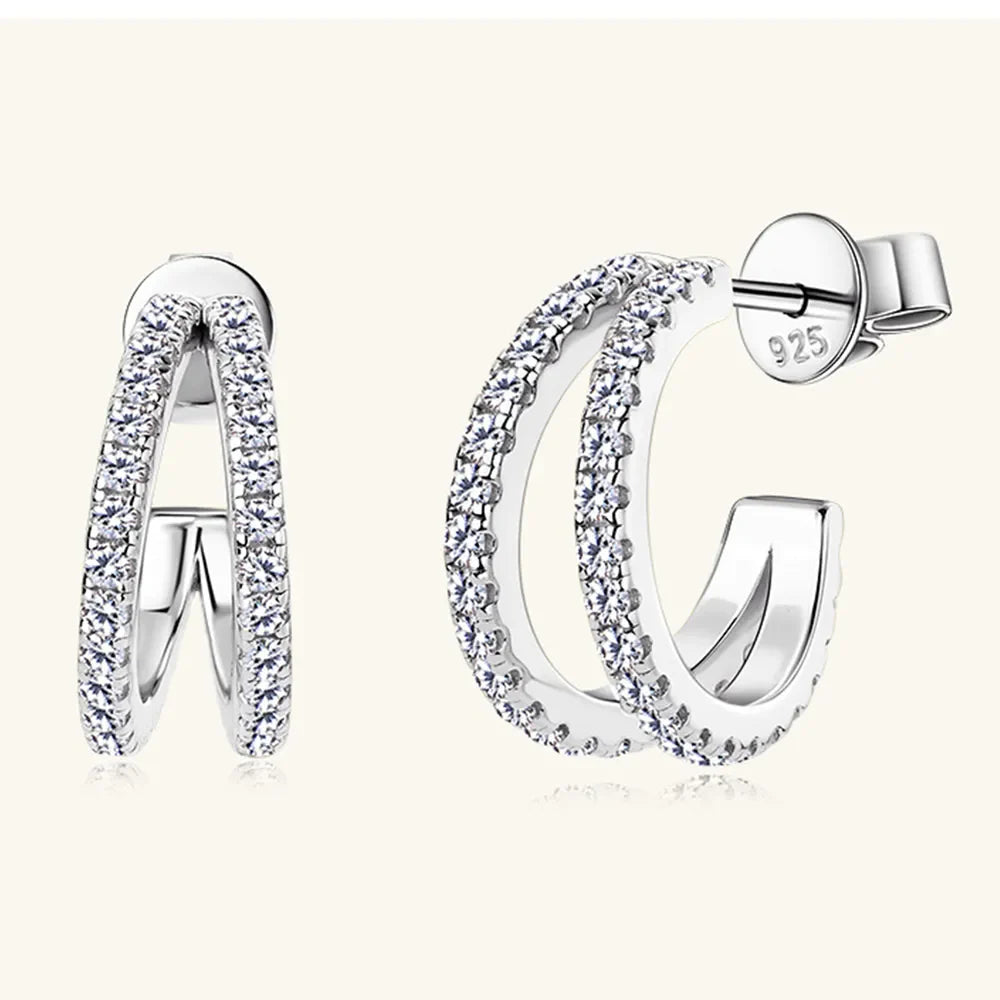 Sterling silver C-hoop earrings with sparkling moissanite stones, stylish jewelry by Plush Fashion Hub.