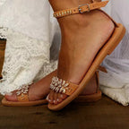 Women's rhinestone flat sandals with large-sized adjustable word buckle strap, plush fashion hub, stylish and comfortable summer footwear.