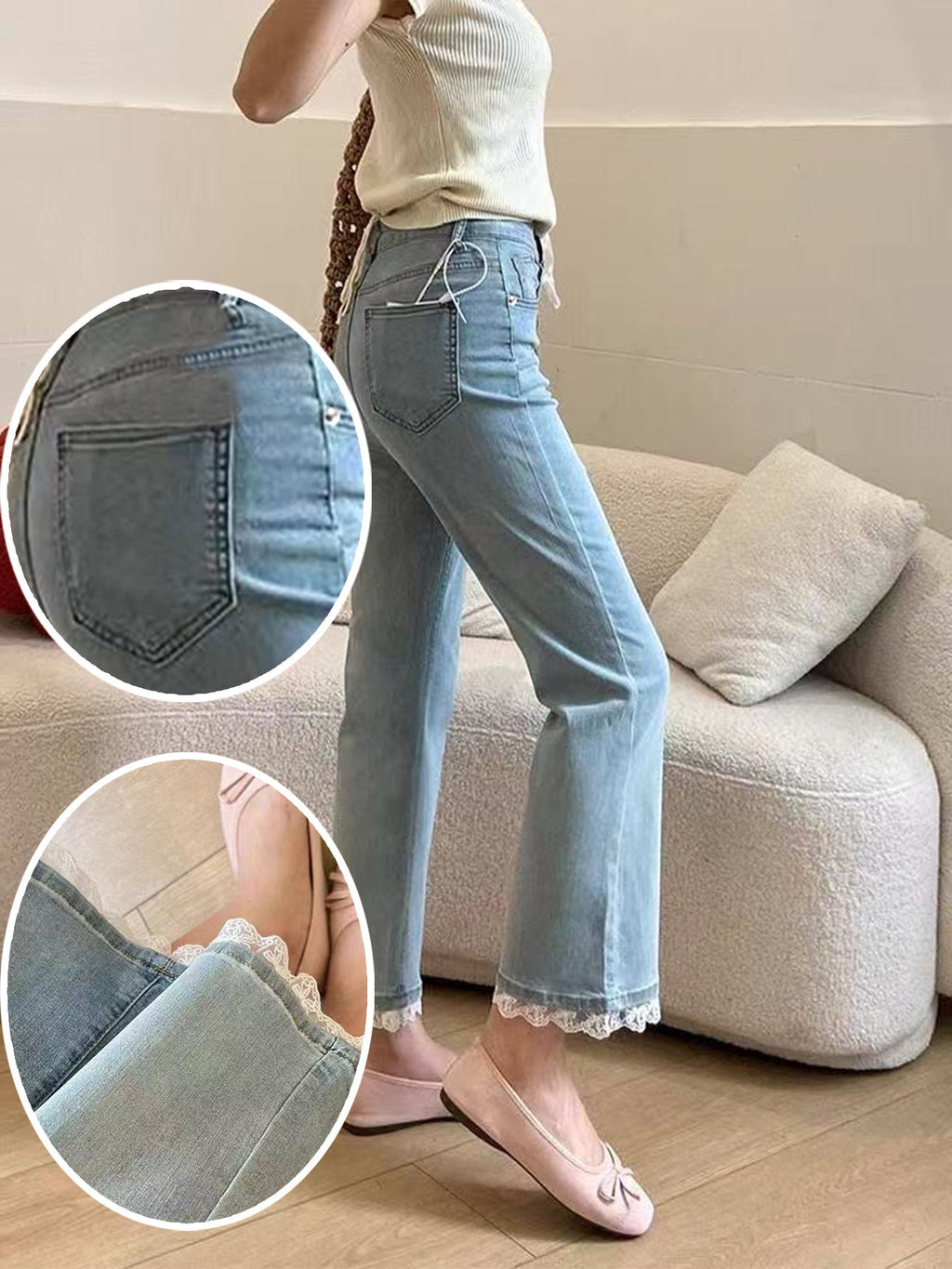 Light blue Plush Fashion Hub micro-flare lace stretch jeans for women, casualwear with lace accents and a fitted silhouette.
