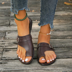 Women's PU leather toe loop sandals with buckle accent, stylish and comfortable shoes from Plush Fashion Hub.