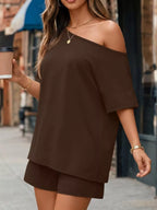 Plus size plush fashion hub one shoulder top and matching shorts set, stylish and comfortable for casual wear.
