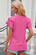 Light blue Eyelet Notched Flutter Sleeve T-Shirt from Trendsi featuring flutter sleeves and eyelet detailing, close-up view of the top.