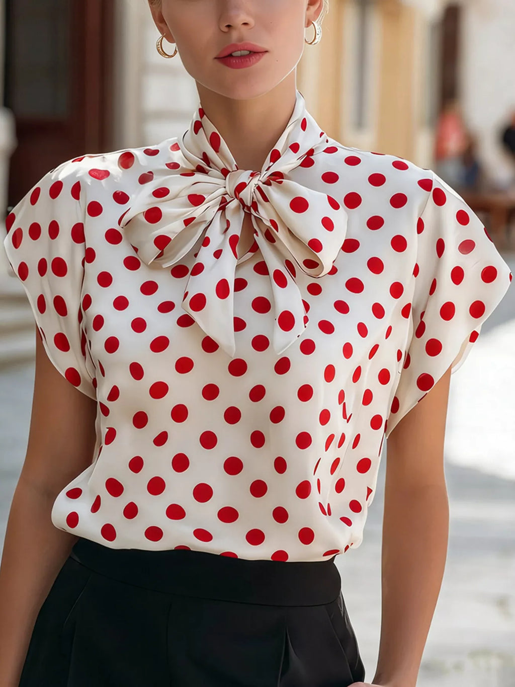 Polka dot tie neck blouse by Shopimist featuring long sleeves and a classic pattern, stylishly displayed on a hanger.