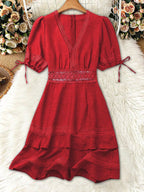 Shopimist lace detail V-neck mini dress featuring delicate lace accents and a flattering V-neckline, perfect for stylish occasions.