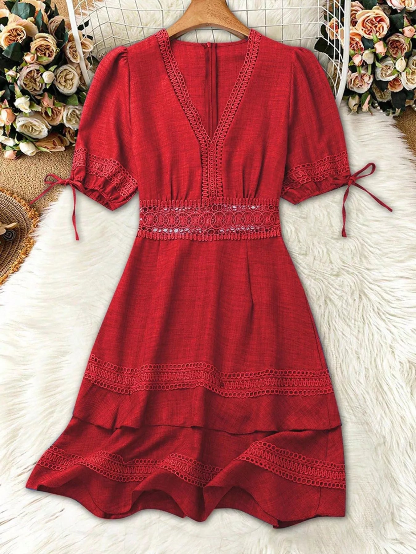 Shopimist lace detail V-neck mini dress featuring delicate lace accents and a flattering V-neckline, perfect for stylish occasions.