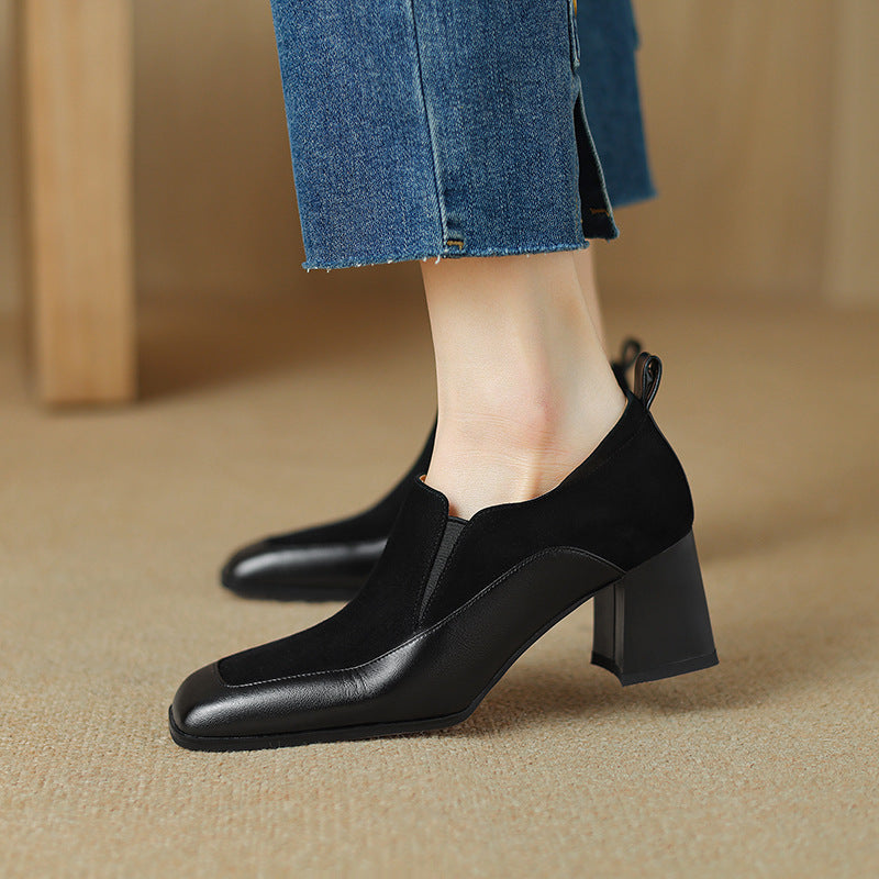 Women's retro cowhide slip-on pumps with square toe and chunky heel, stylish footwear by FitiqueFit.