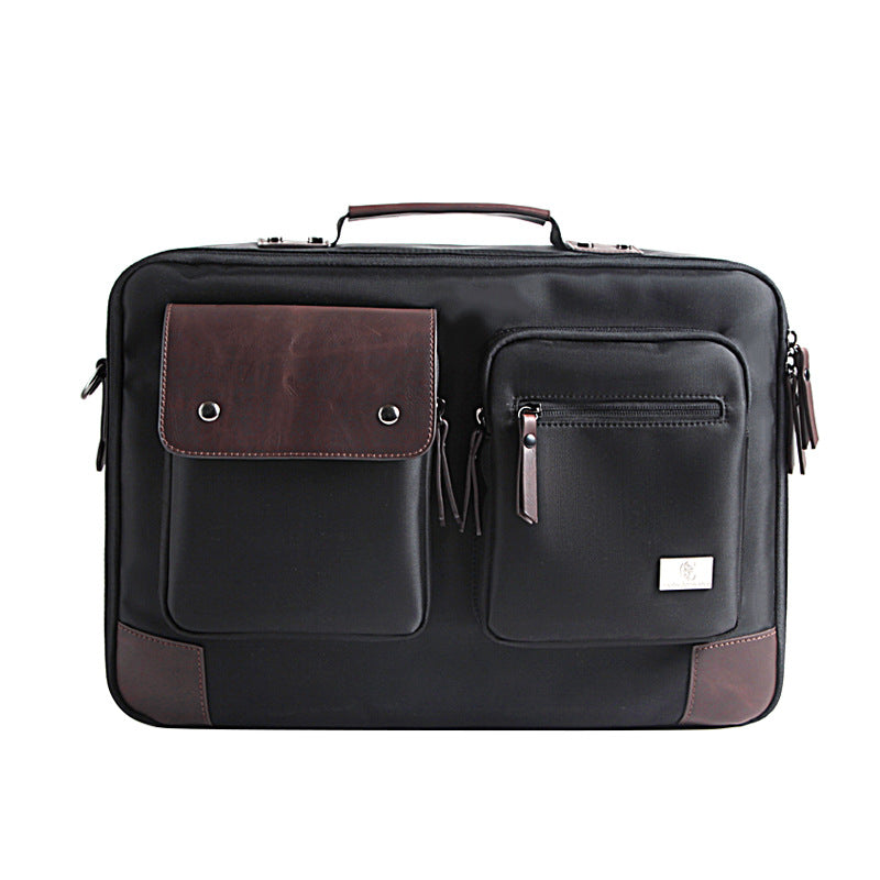 Plush Fashion Hub portable laptop bag with shoulder strap, slim briefcase design, made for carrying laptops and accessories.