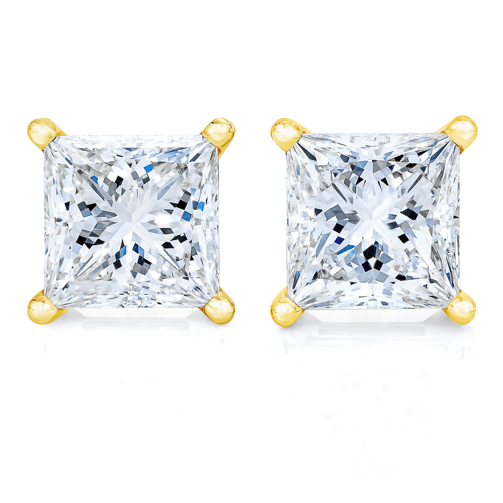 14K yellow gold diamond stud earrings with princess-cut near colorless diamonds, classic 4-prong design, I-J color, I2-I3 clarity
