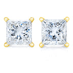 14K yellow gold diamond stud earrings with princess-cut near colorless diamonds, classic 4-prong design, I-J color, I2-I3 clarity