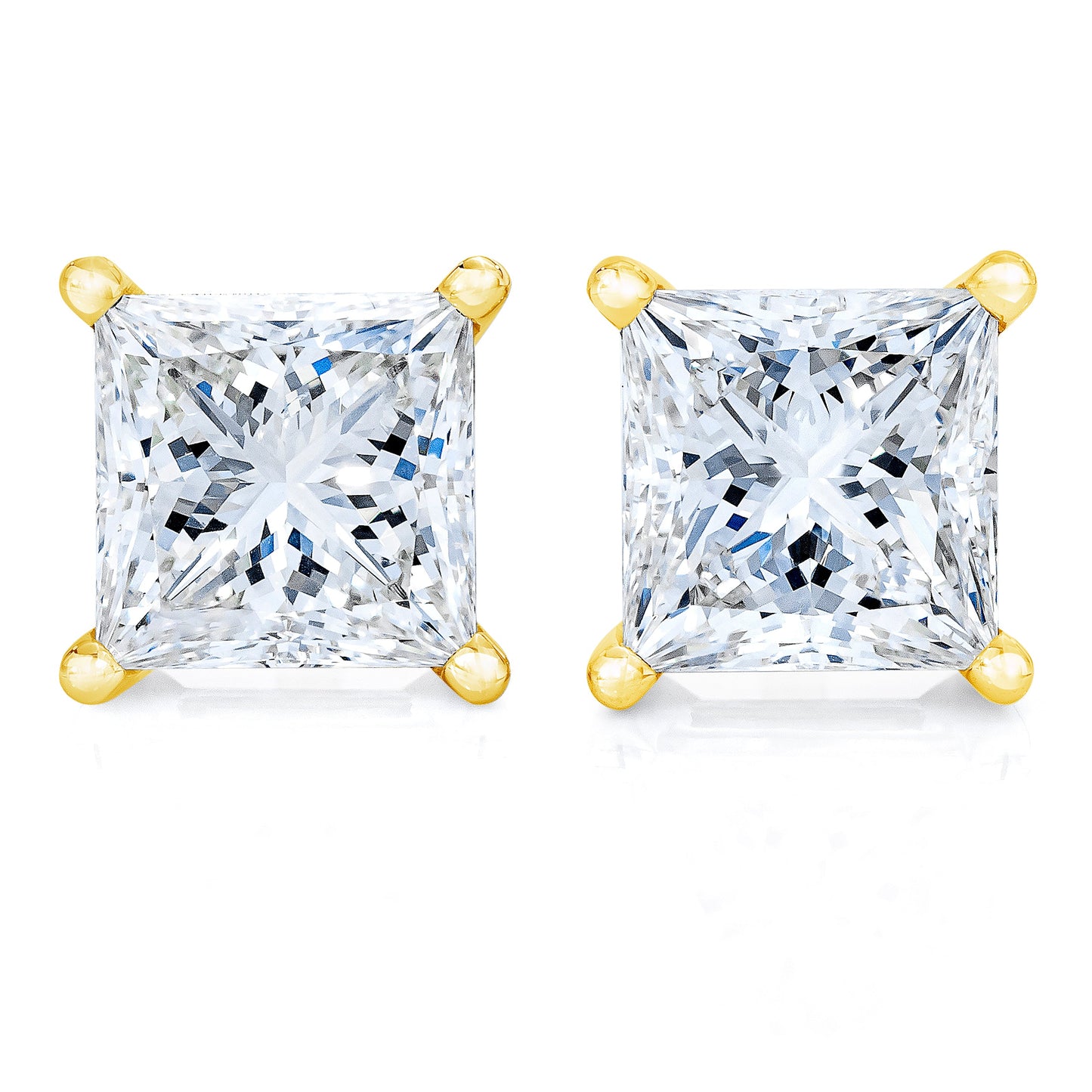 14K yellow gold princess-cut diamond stud earrings with 1/5 carat total weight, near colorless I-J, I2-I3 clarity.