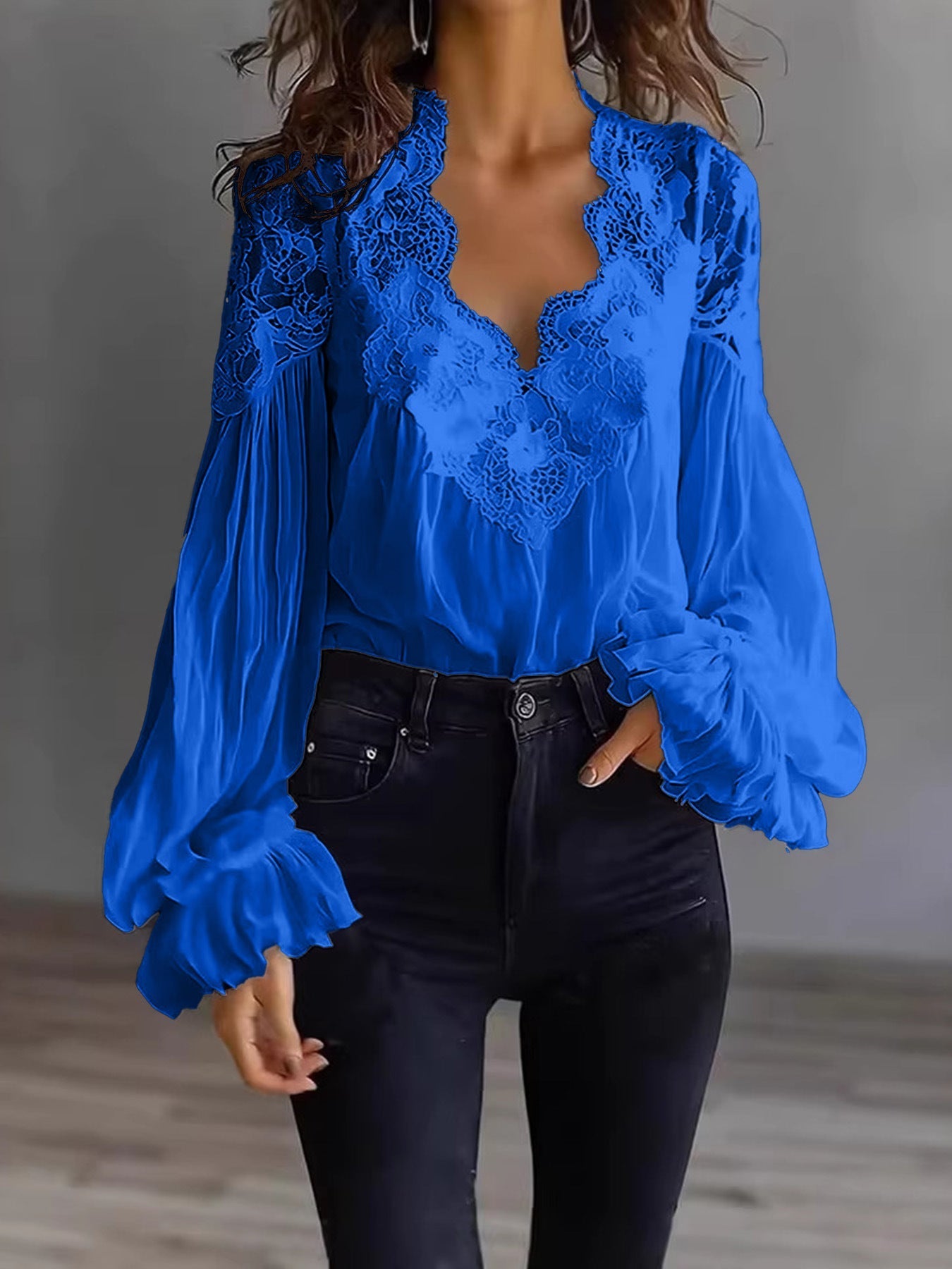Lace-panel puff sleeve pleated ruffle ballet-style shirt by Plush Fashion Hub, featuring delicate lace details and elegant design.