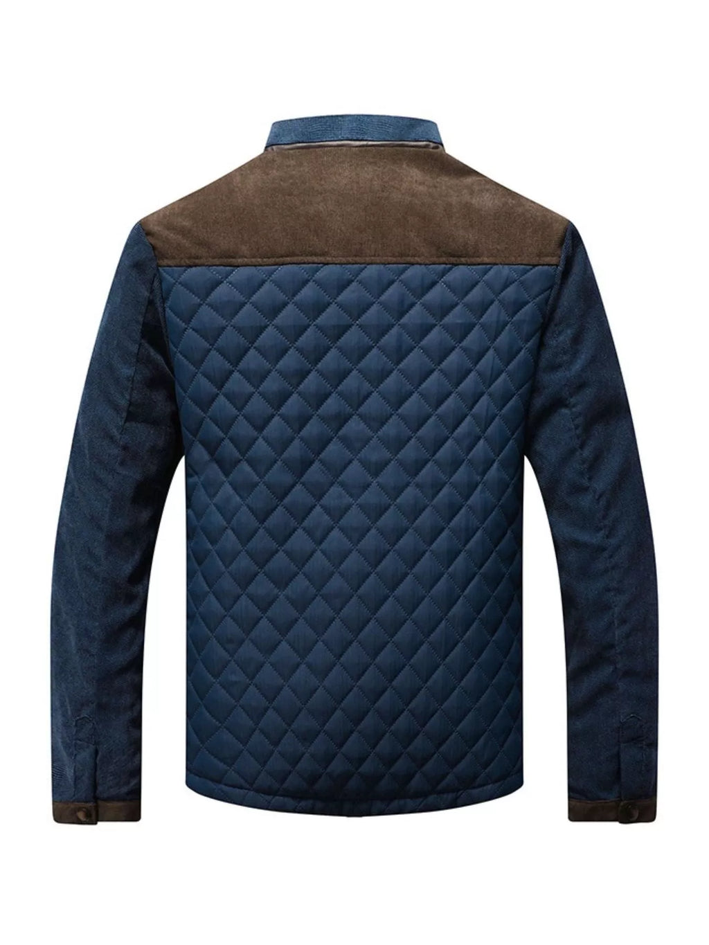 Men's plus size quilted snap-down jacket by Shopimist, full size, navy blue, with front snap buttons and quilted design.