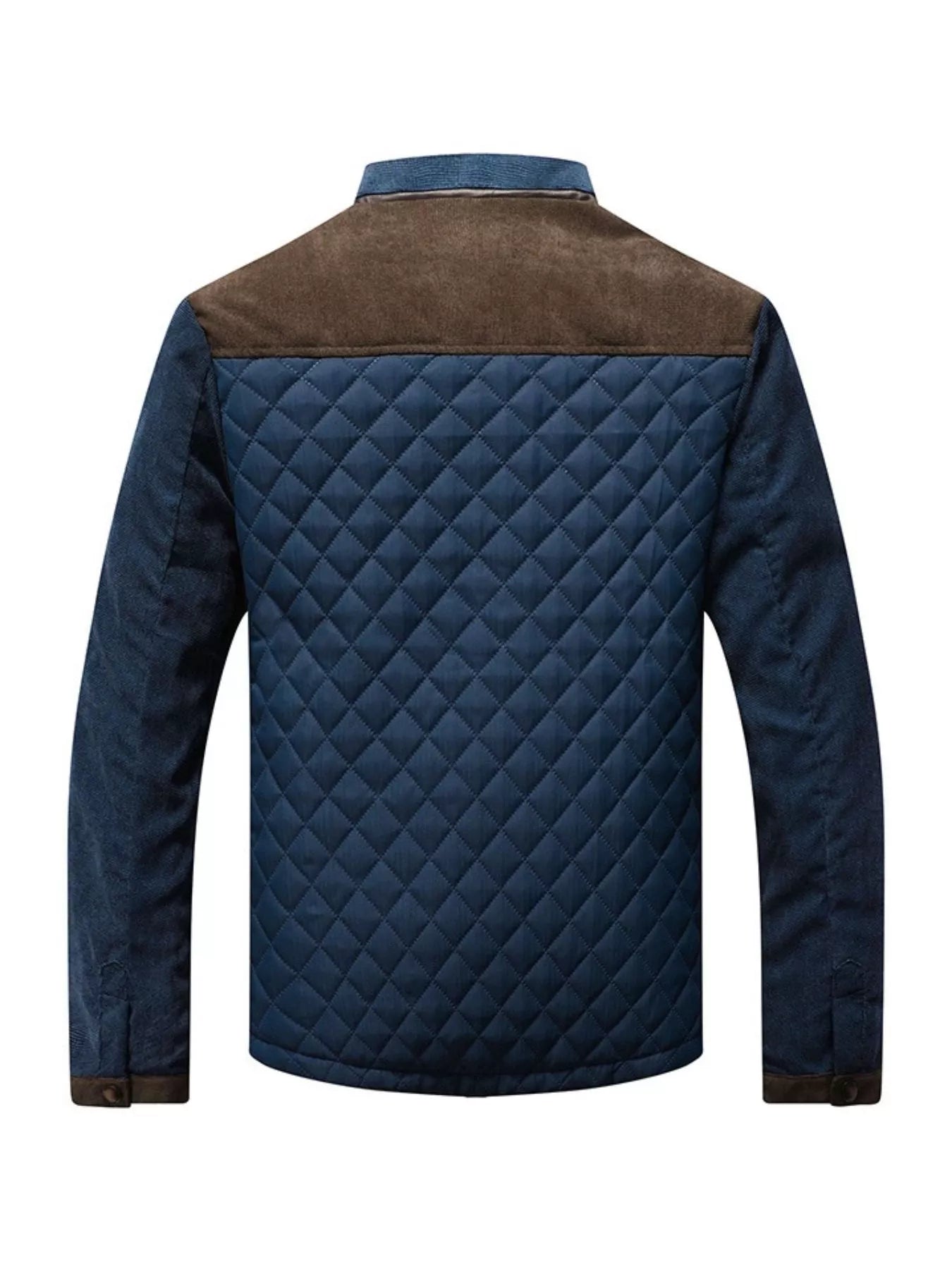 Men's plus size quilted snap-down jacket by Shopimist, full size, navy blue, with front snap buttons and quilted design.