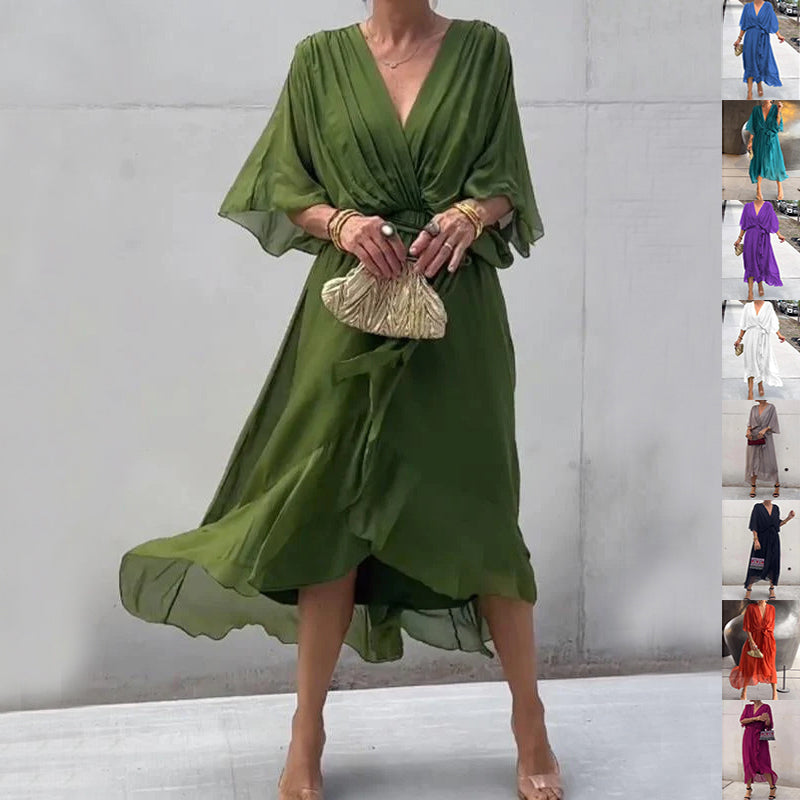 Plush Fashion Hub batwing sleeve V-neck midi dress with tied irregular hem and fairy dress design, stylish and flowy silhouette