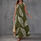 Printed V-neck sleeveless high-waist maxi dress by FitiqueFit in three colors, shown laid flat with floral print and flowing fabric.