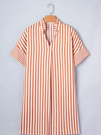 Plush Fashion Hub stripe pinched V-neck mini dress with turn-up cuffs and pockets, casual and stylish for modern women.