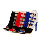 Women's color-block peep-toe high heels by Trendy Attic Store01 featuring stylish buckle accents and a modern design.
