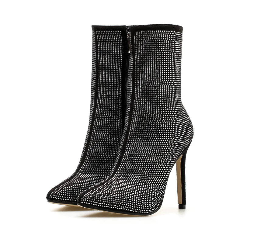 Women rhinestone high heel boots with pointed toe, stylish Trendy Attic Store01 footwear showing glittering rhinestone details