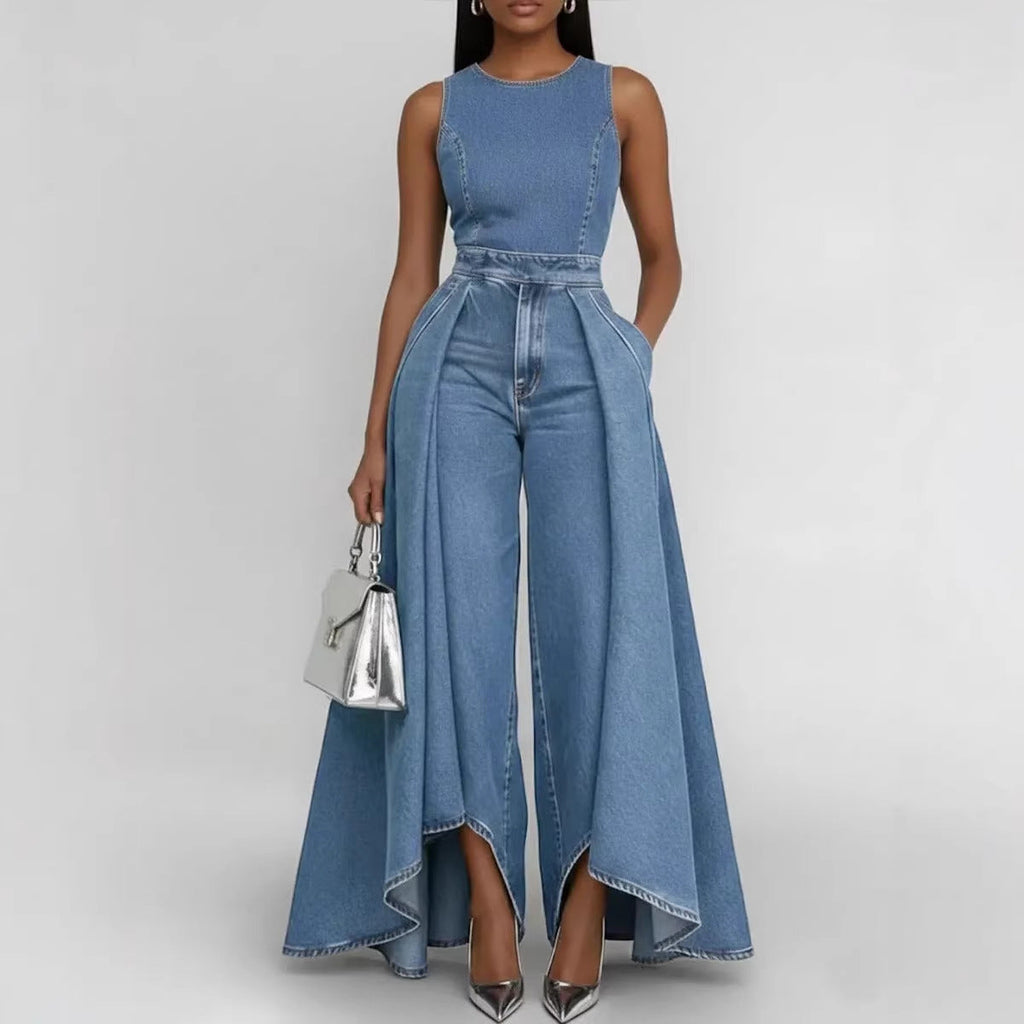 Women’s sleeveless denim jumpsuit with wide-leg design, crew neck, casualwear style from Plush Fashion Hub.