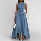 Women’s sleeveless denim jumpsuit with wide-leg design, crew neck, casualwear style from Plush Fashion Hub.