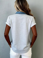 Plush Fashion Hub denim trim short sleeve shirt with button-up front, casual top featuring denim accents and a classic fit.