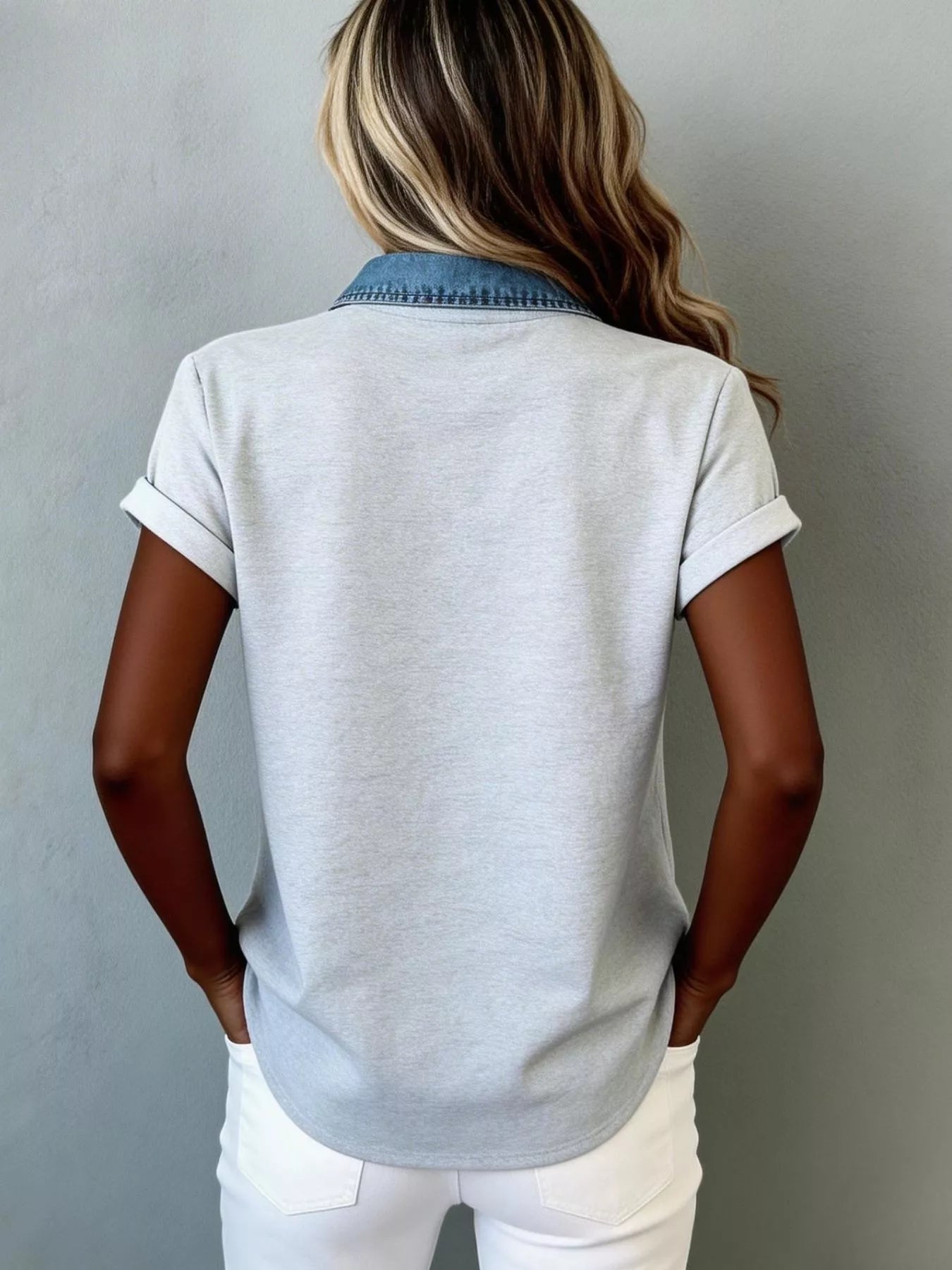 Plush Fashion Hub denim trim short sleeve shirt with button-up front, casual top featuring denim accents and a classic fit.