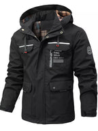 Men's plus size hooded outdoor windproof coat by Shopimist, showing the lightweight, weather-resistant design with hood and full zip.